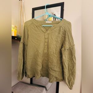 Cupshe olive green linen blend blouse with ruffle details, size S